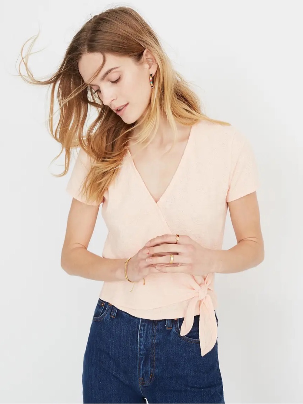 Madewell Texture & Thread Wrap Tie‎ Blouse in Peach